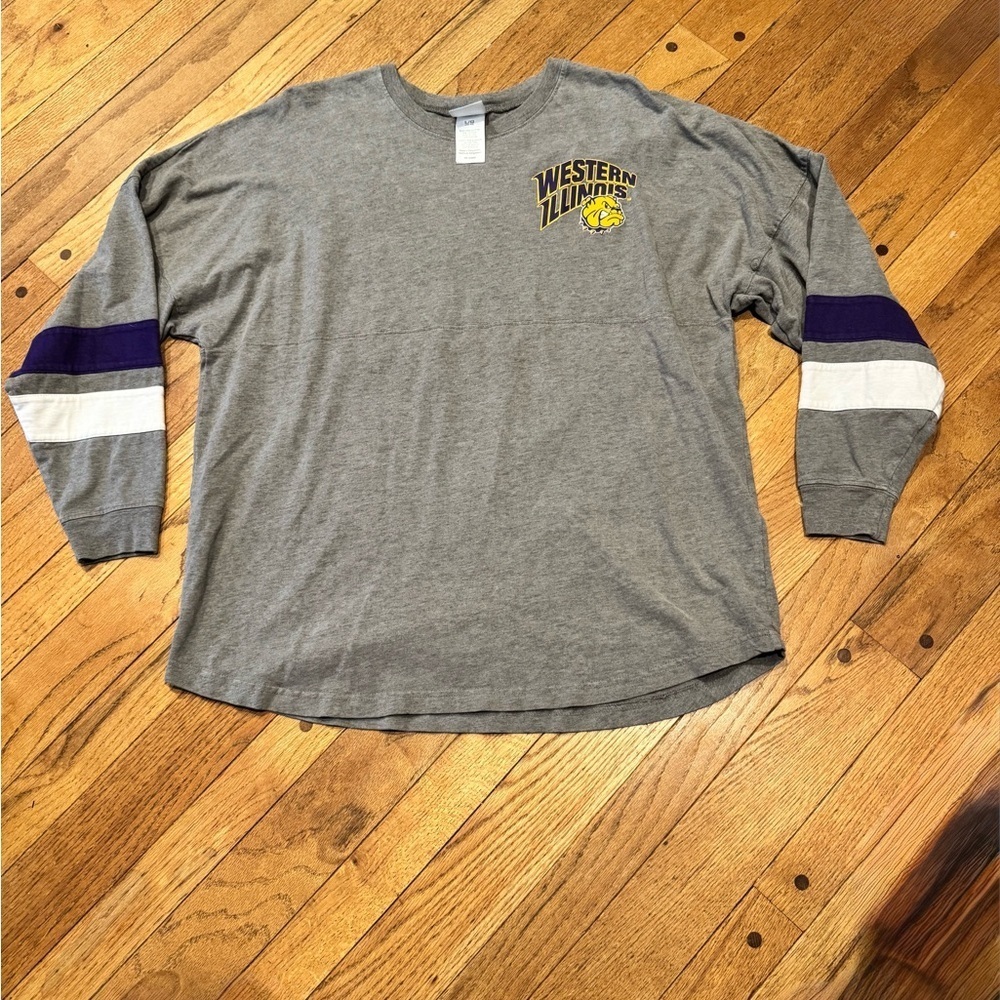 Western Illinois Leathernecks Long Sleeve Shirt Gray Purple Stripe Sleeves